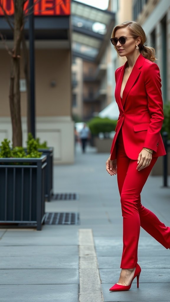 A woman in a red suit walking confidently, embodying monochrome style.