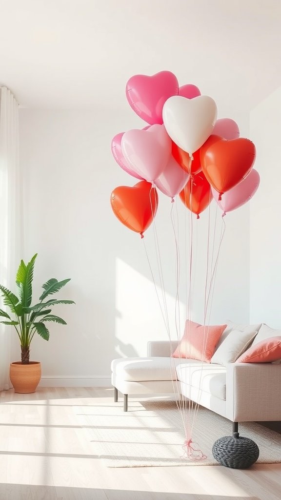 An arrangement of pink, red, and white heart-shaped balloons in a bright living room.