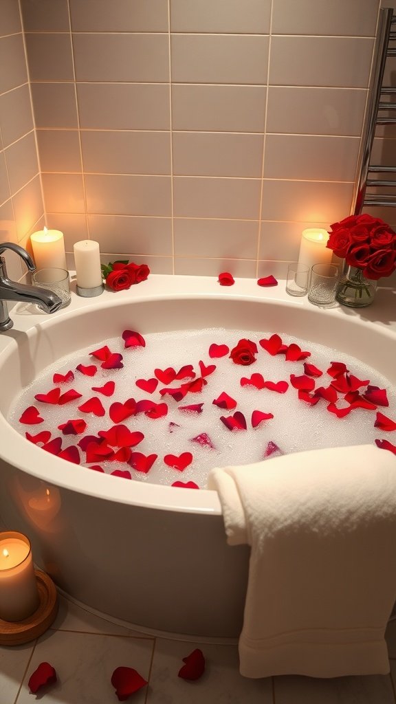 A romantic bath setup with a tub filled with bubbles and rose petals, surrounded by candles