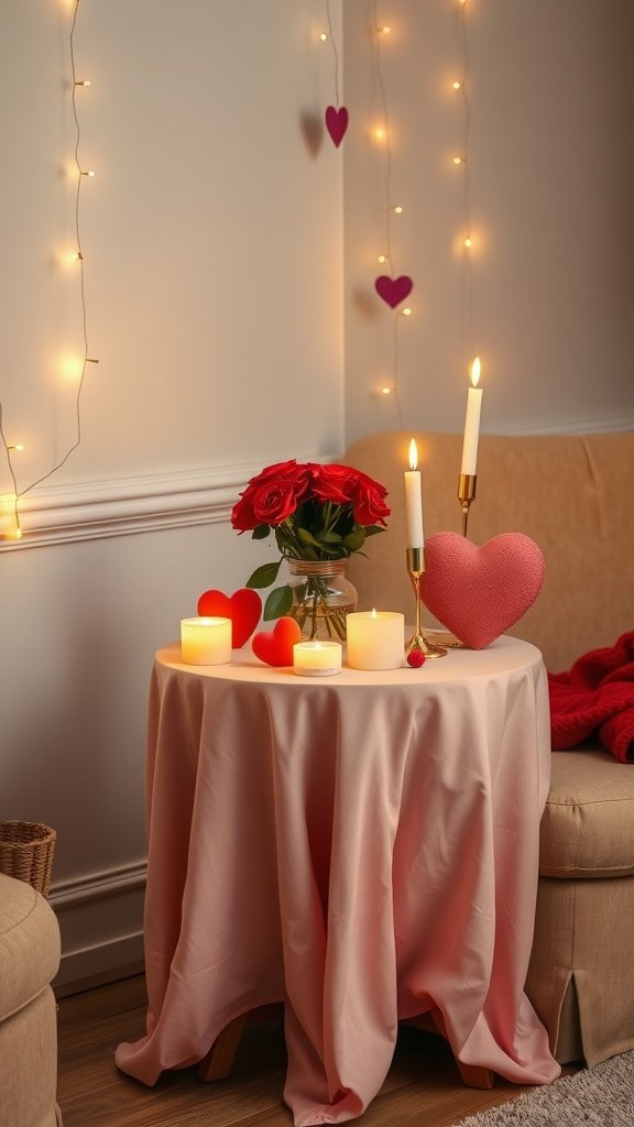 A romantic candlelit corner featuring candles, roses, and heart decorations.
