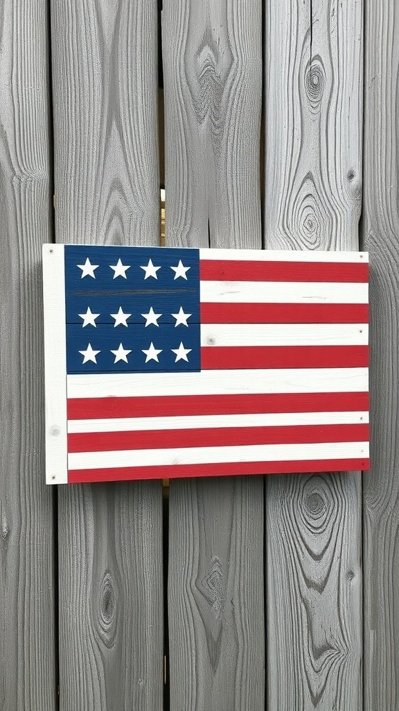 Rustic wooden American flag decoration on a fence.