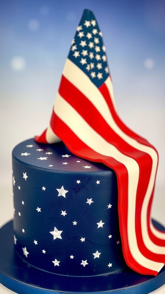 A cake designed with a dark blue base, decorated with white stars and a flowing American flag.