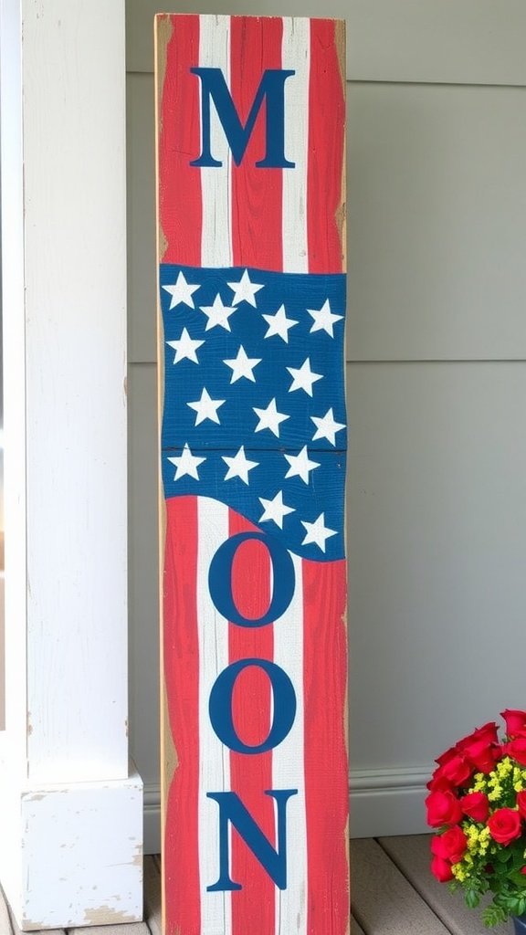 Wooden porch sign painted with stars and stripes design