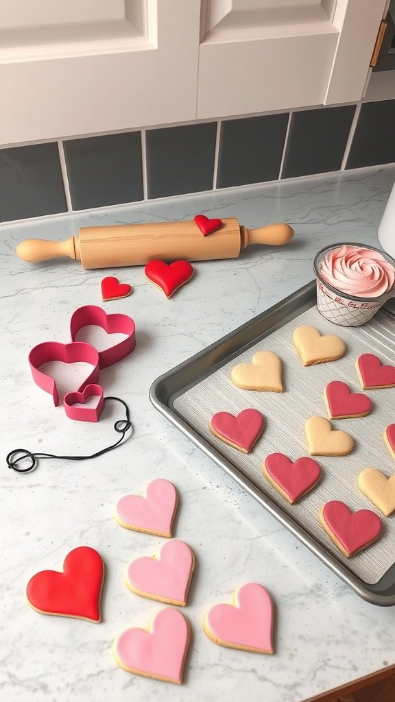A baking corner with heart-shaped cookies, rolling pin, and icing.
