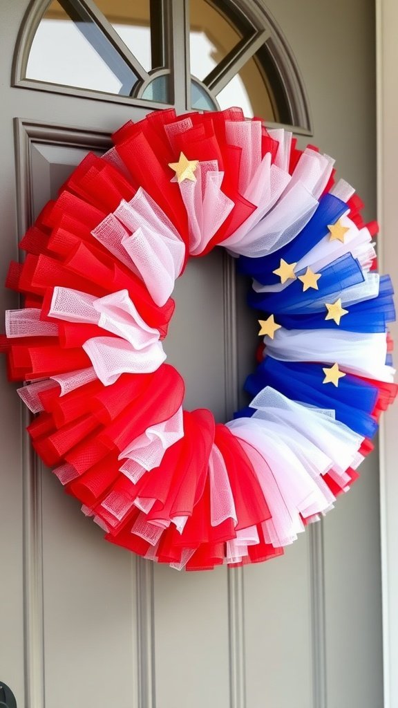 A colorful tulle wreath displaying red, white, and blue colors with gold stars, hanging on a door.
