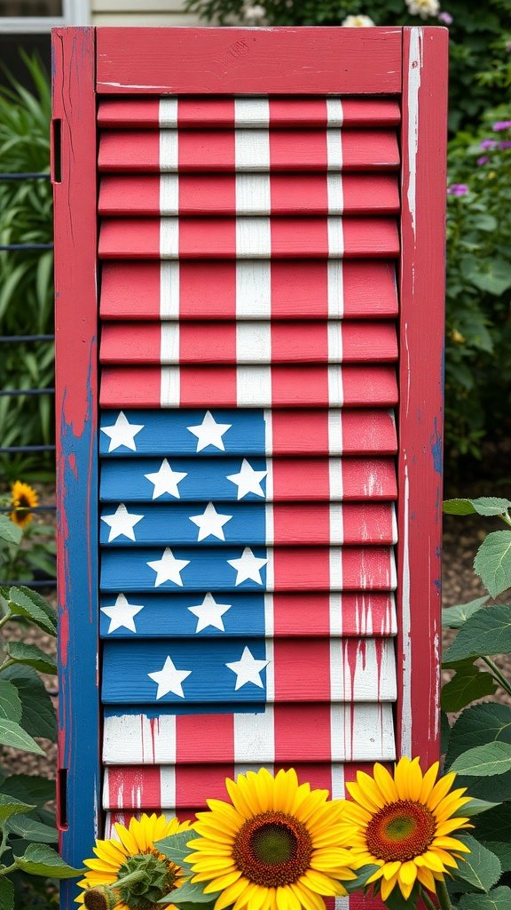 A rustic upcycled shutter painted in red, white, and blue, resembling the American flag, with sunflowers at the base.