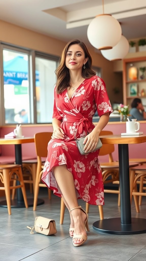 A woman wearing a red floral dress seated at a café, looking stylish and ready for a Valentine's brunch.