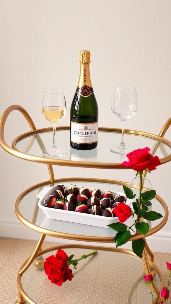 A beautifully arranged bar cart for Valentine's Day featuring sparkling wine, glasses, chocolate-covered strawberries, and red roses.
