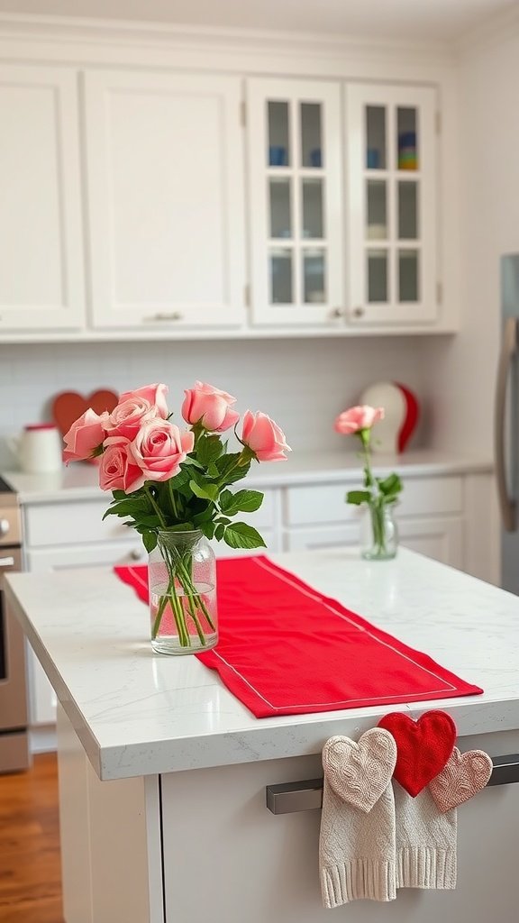 A kitchen decorated for Valentine's Day with pink roses, a red table runner, and heart-themed dish towels.