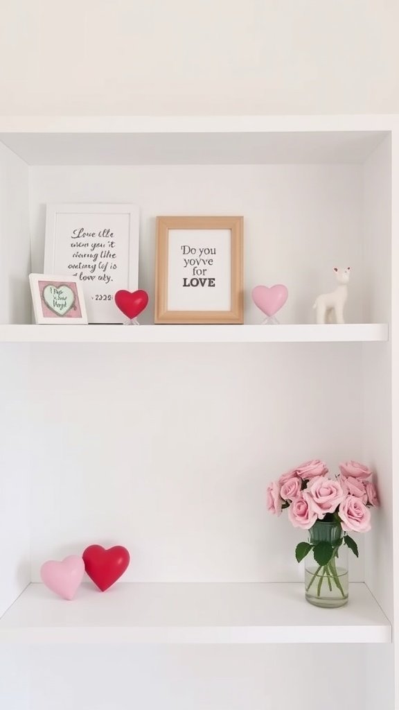 Valentine's Day themed shelving decor featuring hearts, roses, and framed quotes.