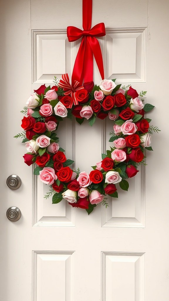Heart-shaped wreath made of red and pink roses hanging on a white door with a red ribbon.