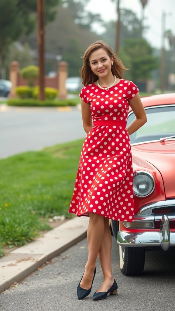 A woman in a vintage polka dot dress stands next to a classic car, showcasing a retro-inspired outfit.