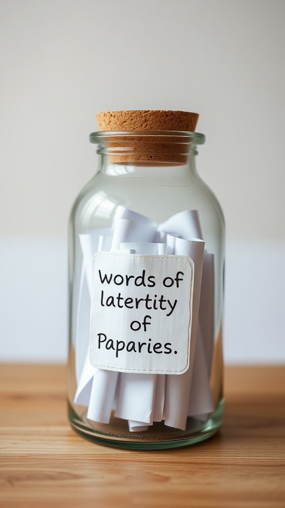 A clear jar filled with rolled-up paper notes, labeled with a fun title.
