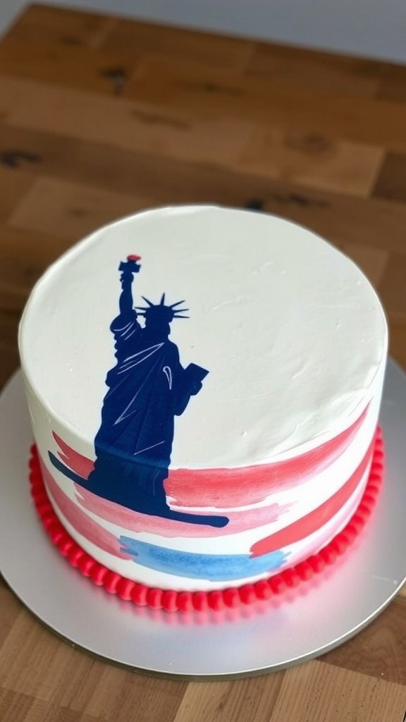 A beautifully decorated cake featuring a watercolor American flag design and a silhouette of the Statue of Liberty.