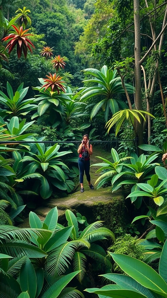 A person taking pictures in a vibrant rainforest in Costa Rica.