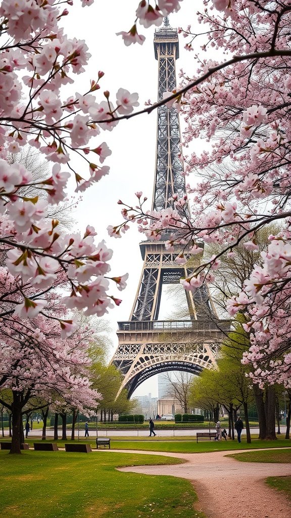Eiffel Tower surrounded by cherry blossoms in a park setting