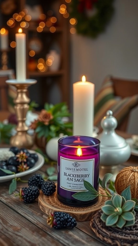 A Blackberry and Sage candle burning among decorative items and blackberries on a wooden table.