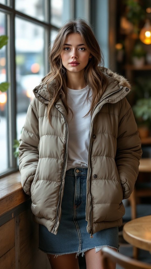 A woman wearing a puffer jacket and denim skirt, posing indoors.