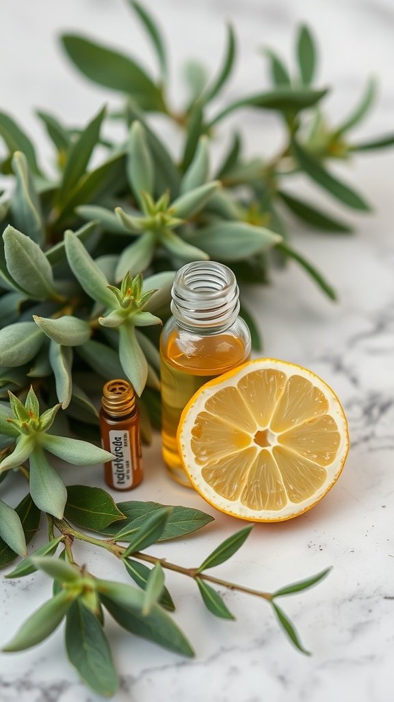 A bottle of clary sage essential oil next to a lemon slice and greenery.
