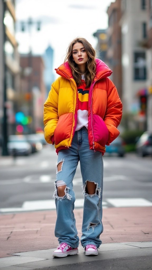 A young woman wearing a colorful puffer jacket with a playful color-blocking style, standing on a city street.