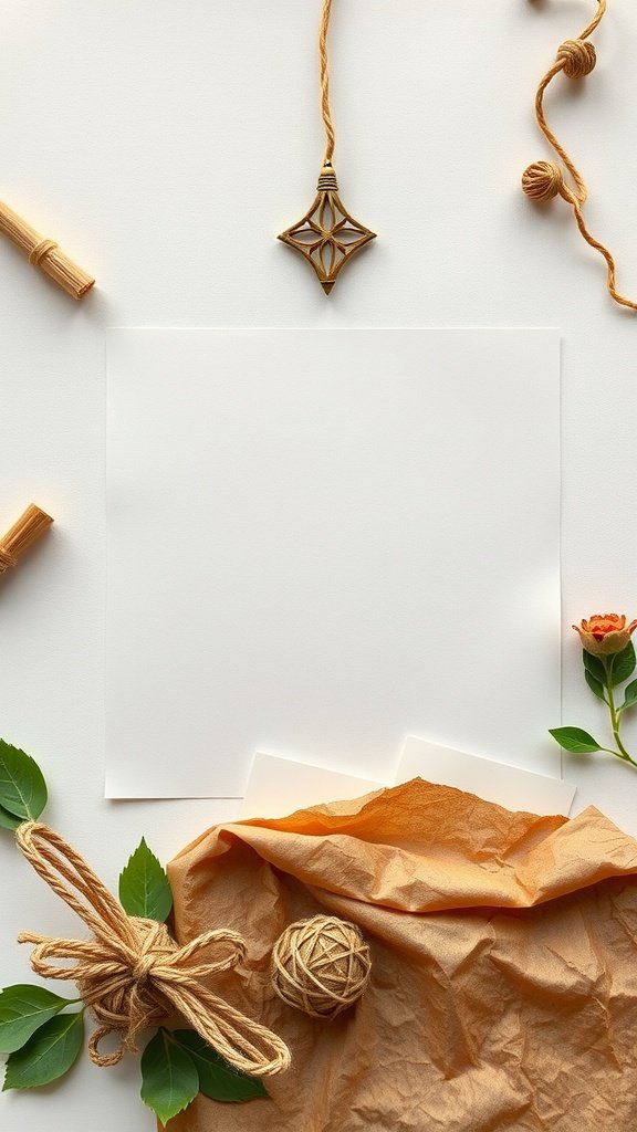 Materials for DIY Eid party invitations including paper, twine, and decorative elements.