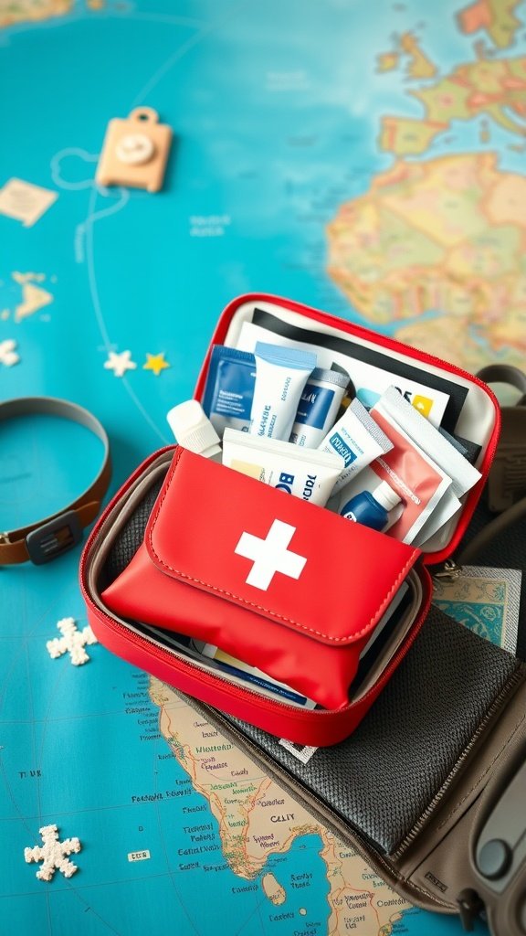 A compact red first aid kit opened with various health supplies inside, placed on a world map.