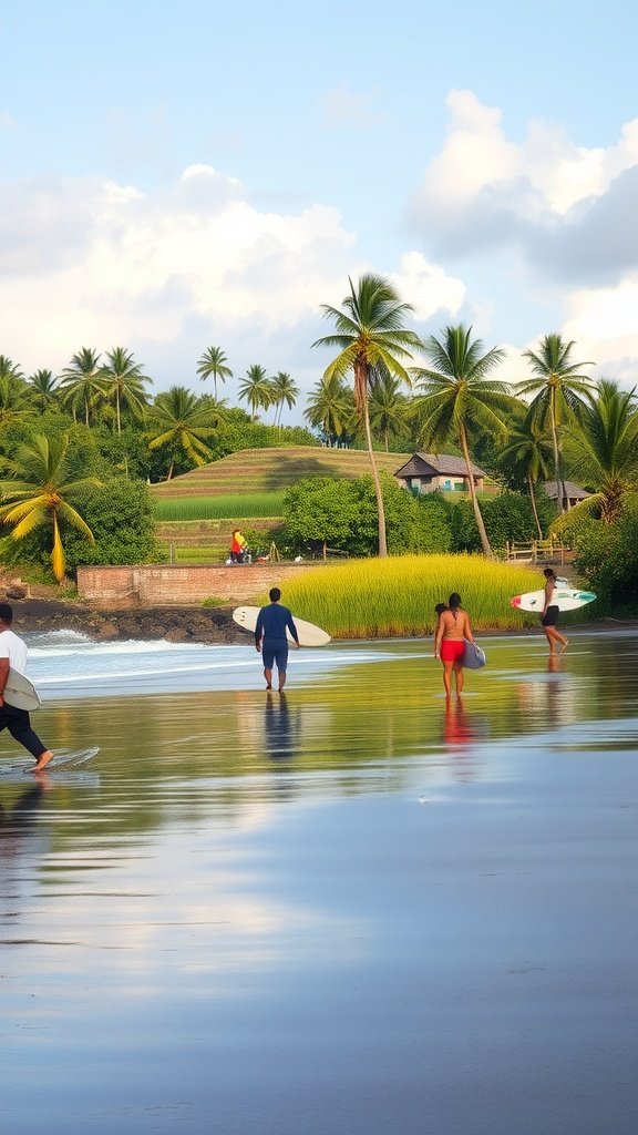 A group of surfers walking along a beach in Bali with palm trees and rice fields in the background.