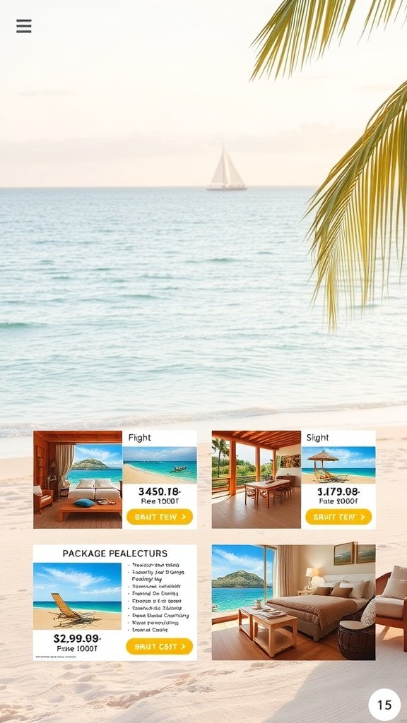 A picturesque beach scene with a sailboat and tropical palm trees, showcasing package deals for flights, sights, and accommodations.