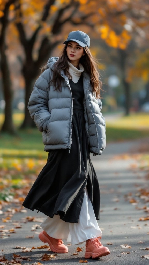 A woman wearing a grey puffer jacket over a long black skirt, walking in a park during autumn.