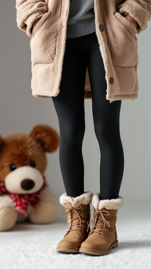 A person wearing fleece-lined leggings paired with a cozy coat and boots, standing next to a teddy bear.