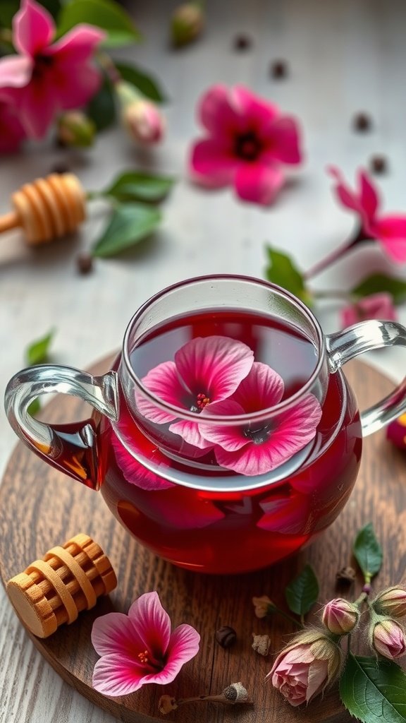 A glass teapot of hibiscus tea with flowers and honey on a wooden board.