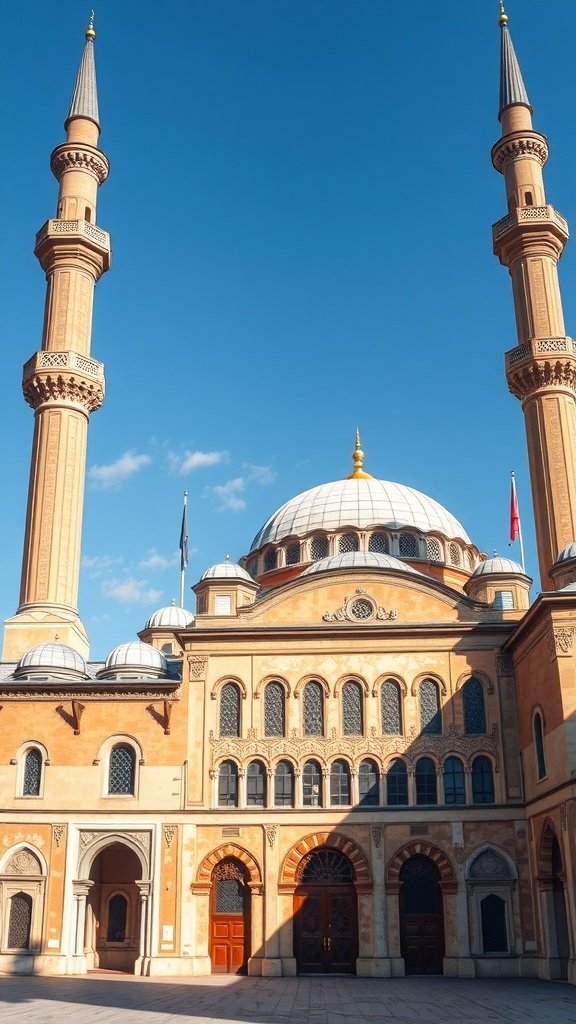 A beautiful view of historical Islamic architecture featuring tall minarets and a grand dome under a clear blue sky.