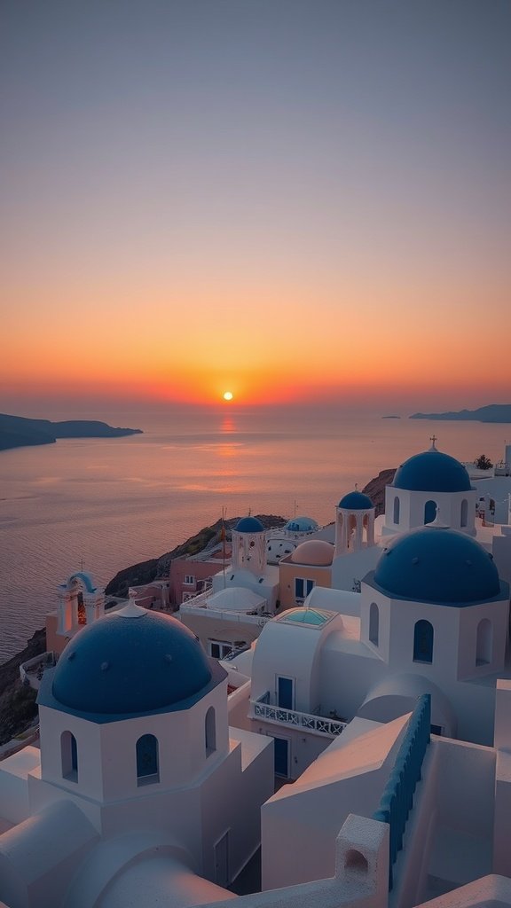 A beautiful sunset over Santorini, Greece, with white buildings and blue domes in the foreground.