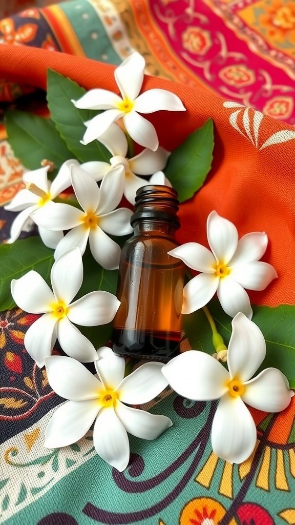 A bottle of jasmine essential oil surrounded by jasmine flowers on a colorful fabric.