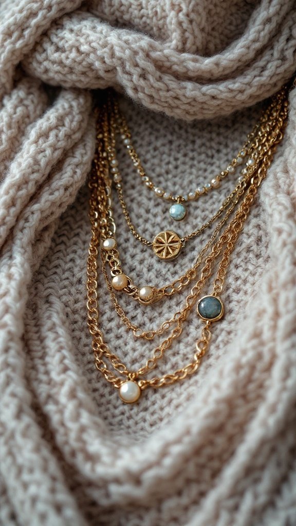 Close-up of layered gold necklaces draped over a knitted scarf.
