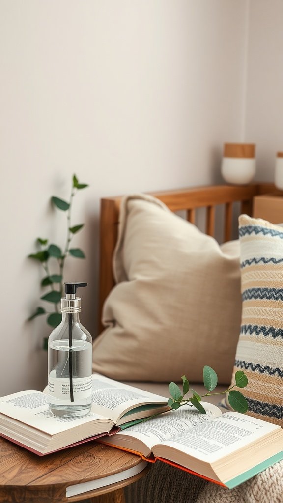 A cozy living space with a room spray bottle, books, and a comfortable sofa