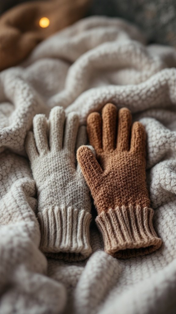 Two pairs of knitted gloves in cream and brown on a cozy blanket