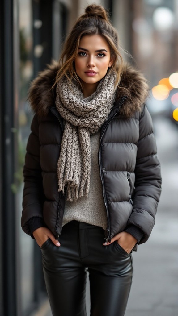 A woman wearing a puffer jacket, knitted scarf, and leather pants, showcasing a stylish mix of textures.