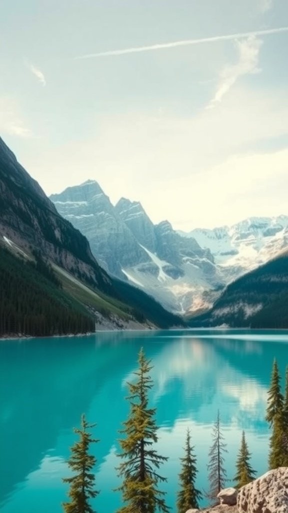 A tranquil lake surrounded by mountains and trees in Banff National Park.