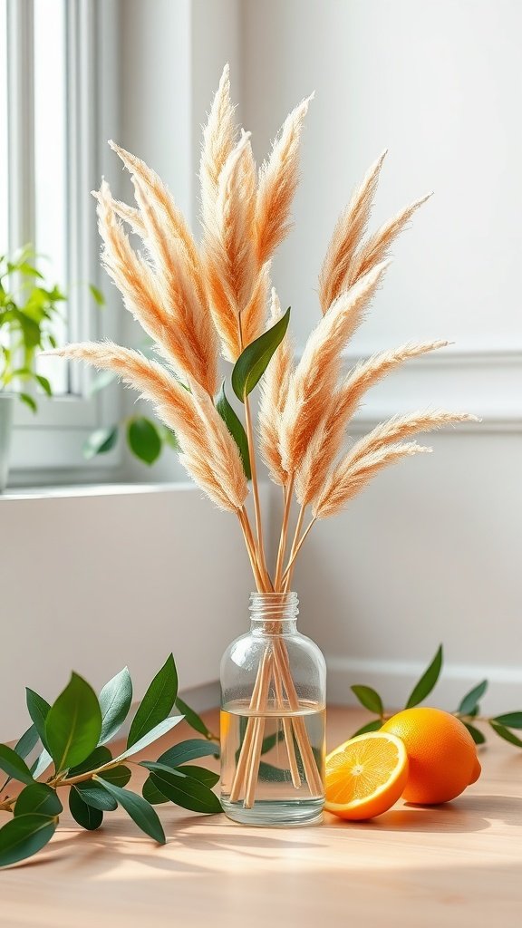 A room diffuser with pampas grass and oranges, creating a fresh and inviting atmosphere.