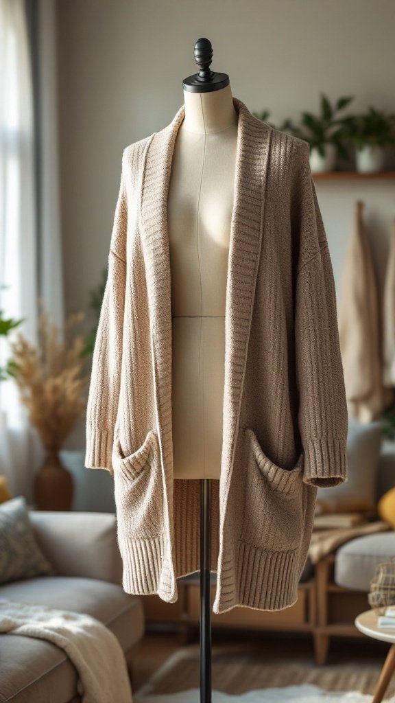 A cozy oversized cardigan displayed on a mannequin, showcasing its soft texture and relaxed fit.