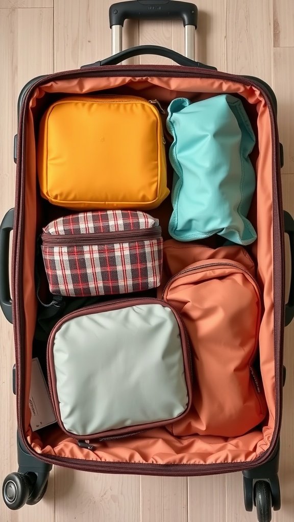 An open suitcase filled with colorful packing cubes and bags.