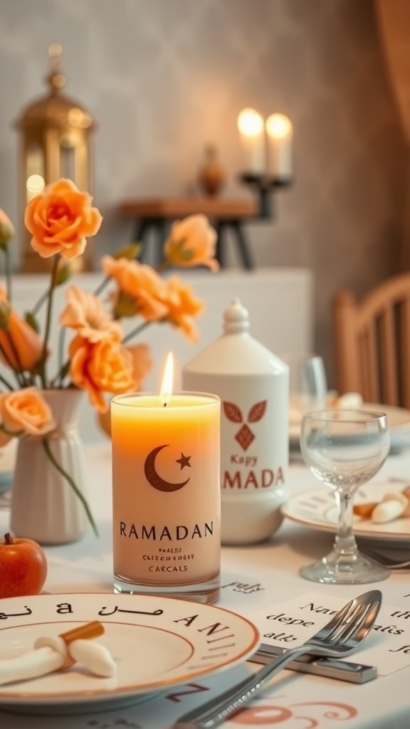 A peach and apricot scented candle placed on a beautifully set table for Ramadan.