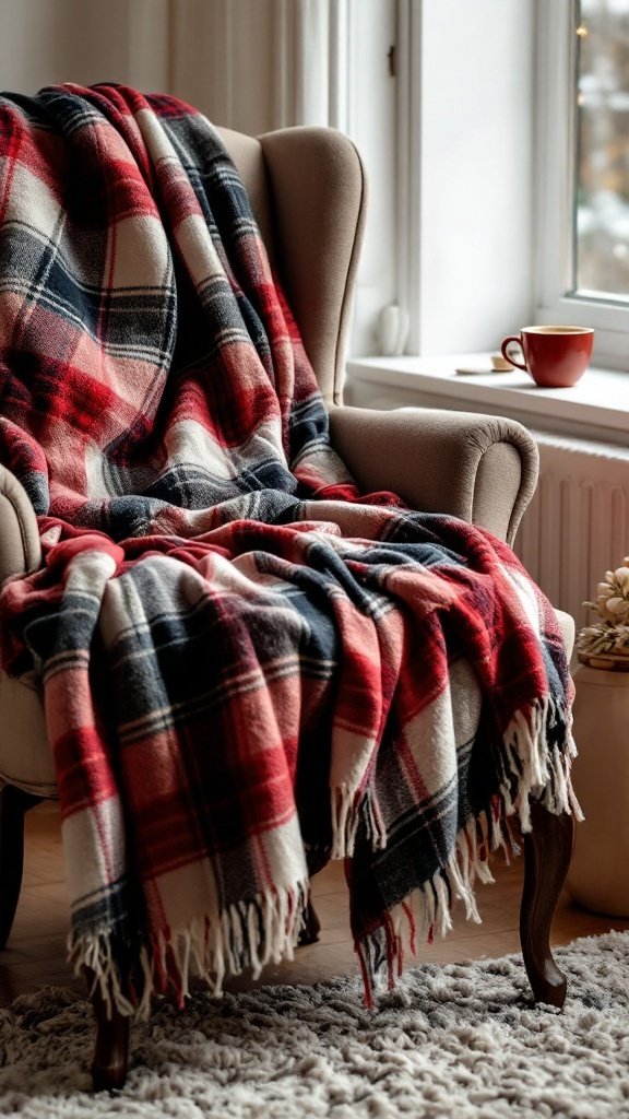 A cozy plaid blanket scarf draped over a chair next to a window.