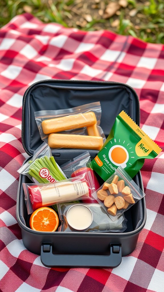 A packed lunchbox with healthy snacks on a picnic blanket