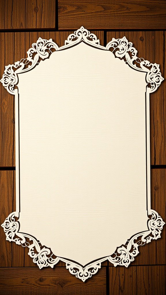 A decorative invitation design with intricate lace patterns on a wooden background.
