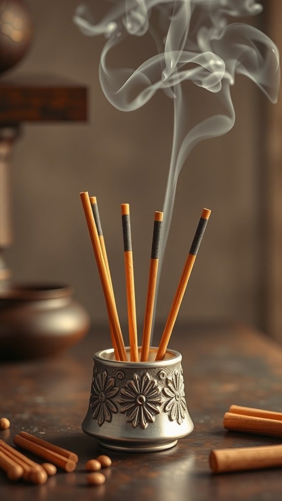 A collection of sandalwood incense sticks in a decorative holder, with smoke wafting gracefully.