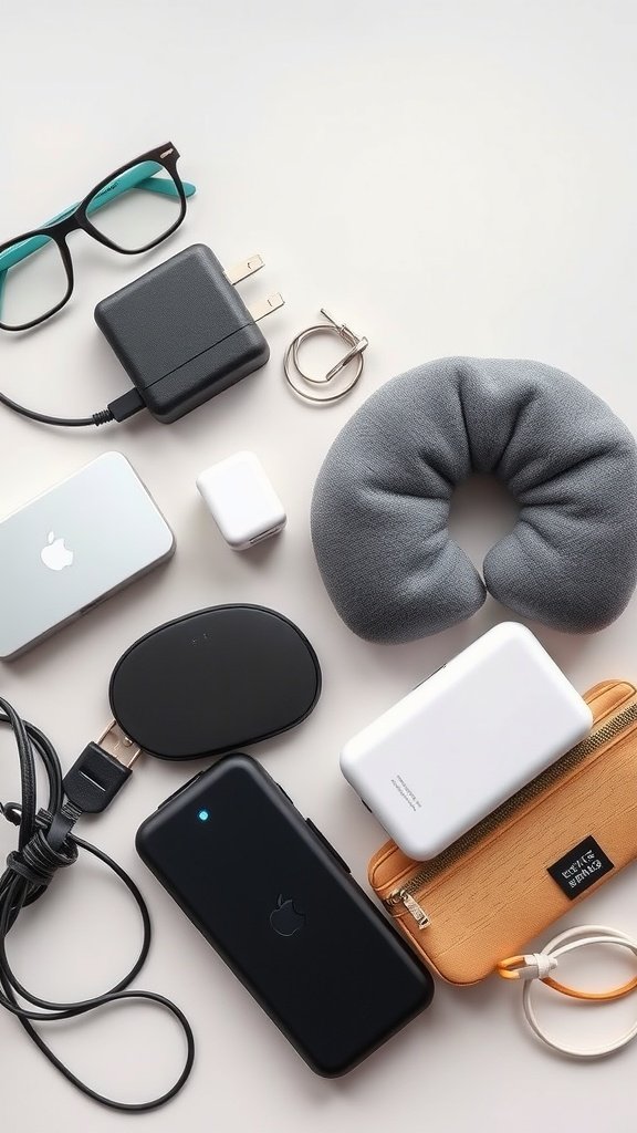 A collection of travel accessories including glasses, chargers, a neck pillow, and a laptop.