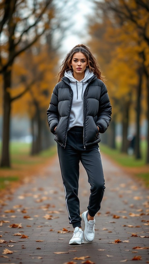 A young woman wearing a black puffer jacket, hoodie, and joggers, walking in a park with autumn leaves.