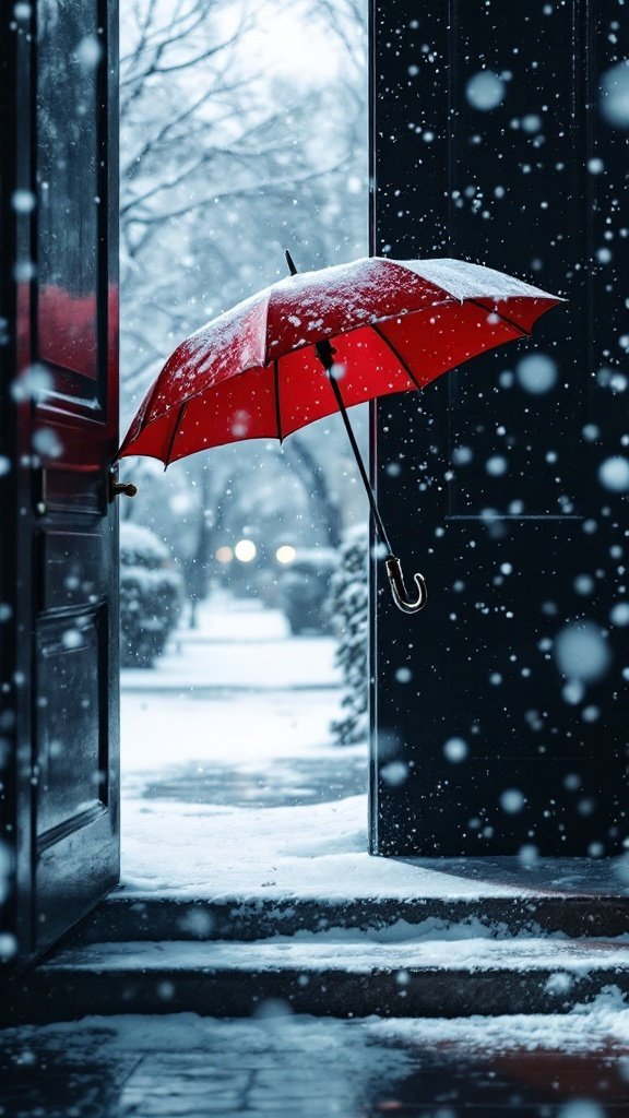 A red umbrella partially opened in a snowy outdoor setting, standing out against a dark door.